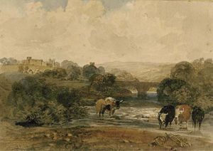 Peter De Wint - Cows Beside The River, A Castle On The Hill Beyond, In A Rural Landscape