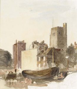 Peter De Wint - Moored Barges Near Lambeth Palace