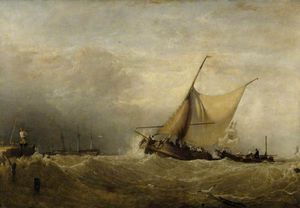 Augustus Wall Callcott - A Sea Piece, With A Dutch Fishing Boat Coming In, And Men Of War In The Distance