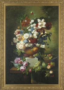 Thomas George Webster - Parrot Tulips, Narcissus, Peonies, Chrysanthemums, Carnations, Lilies And Roses In An Urn With Fruit To The Side, On A Stone Ledge