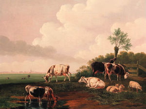 Albertus Verhoesen - Cattle And Sheep By A Pond; And Travellers On A Country Road