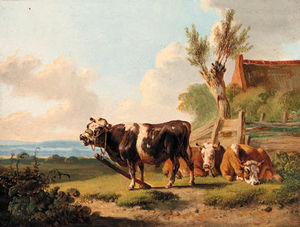 Albertus Verhoesen - Cattle By A Fence; And Cattle Resting