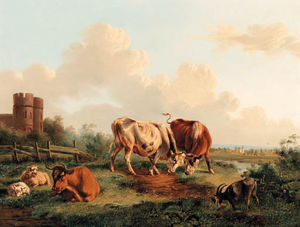 Albertus Verhoesen - Cattle, Goat And Sheep By A Castle