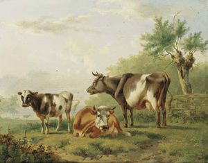 Albertus Verhoesen - Cows By A Fence