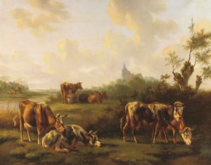 Albertus Verhoesen - Cows In A Meadow
