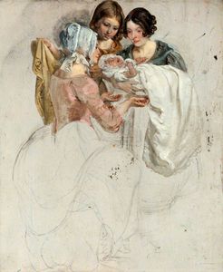 George Harvey - A Girl And Two Women, Standing And Holding A Baby