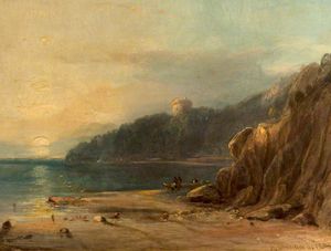 Horatio Mcculloch - Coastal Landscape With A Castle At Sunset