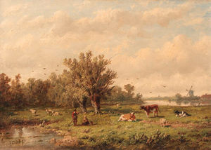 Anthonie Jacobus Van Wijngaerdt - A Landscape With A Peasant Couple And Cattle