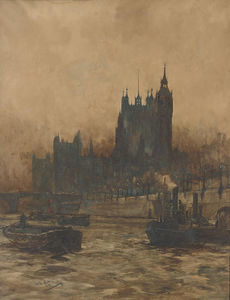 Charles Edward Dixon - Tugs And Barges On The Thames Before The Palace Of Westminster