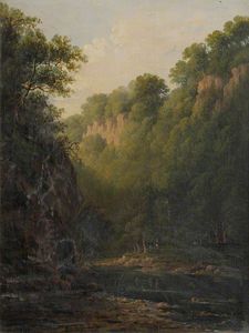 Patrick Nasmyth - A Rocky Ravine With Trees And Figures Beside A River