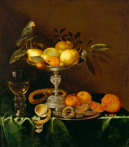 Jacob Marrel - Quiet Life With Roman, Silver Tazza, Fruits, Pastries And Bird