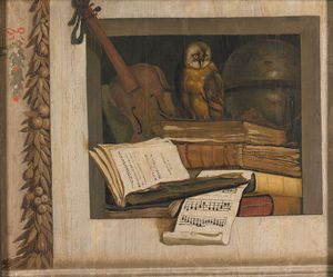 Jacob Van Campen - Itas Still Life With Books, A Violin And An Owl In A Niche