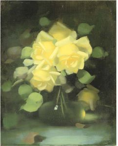 James Stuart Park - Yellow Roses In A Flask Bottle