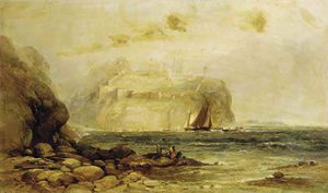 Andrew Melrose - A Coastal View With Figures On The Rocks