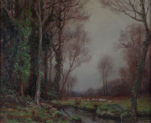 Anna Althea Hills - Wooded Stream And Sheep