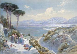 Charles Rowbotham - Italian Peasants Resting On A Stone Terrace Path Overlooking A Bay