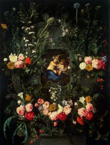 Cornelis I Schut - Garland Of Flowers Around A Cartouche With Jesus And St. John The Baptist As Children