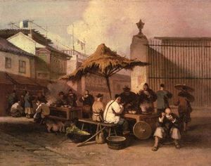 George Chinnery - A Group Of Chinese Eating Outside Church Of San