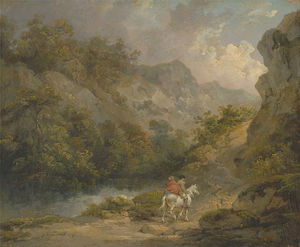 George Morland - Rocky Landscape With Two Men On A Horse