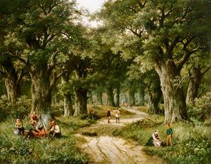 Hendrik Barend Koekkoek - Country People At A Fire Place On The Edge Of A Woodland Path