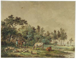 Pieter Gerardus Van Os - A Wooded Landscape With Peasants And Cattle By A Farm
