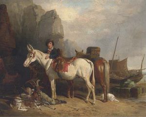 Richard Westall - Figures On A Beach, With Ponies And Fishing Boats