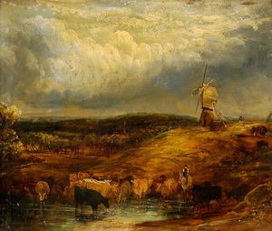 William Alfred Delamotte - Cattle And A Windmill