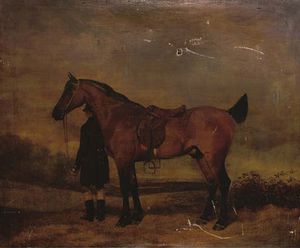 Abraham Cooper - Portrait Of A Hunter And Groom, In An Extensive Landscape