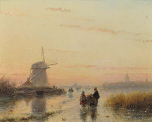 Andreas Schelfhout - A River Landscape In Winter At Dusk