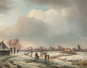 Andreas Schelfhout - A Winter Landscape With Peasants Skating By A Wooden Bridge