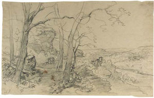 Andreas Schelfhout - A Wooded River Landscape With Travellers Near A Ruin