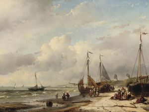 Andreas Schelfhout - Fishermen And Fishing Boats Along The Dutch Coast