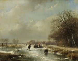 Andreas Schelfhout - Winter Landscape With Skaters