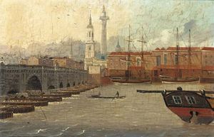 Daniel Turner - A View Of The Thames At New London Bridge, St. Magnus The Martyr And The Monument Beyond