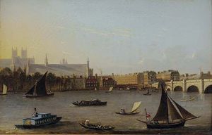 Daniel Turner - A View Of Westminster With A Sun Fire Barge In The Foreground, And Westminster Bridge Beyond