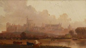 Edmund Bristow - View Of Windsor Castle With Four Cows In The Foreground, And Men In A Boat