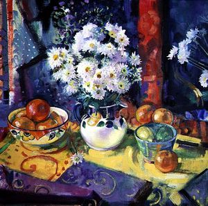 Peter Graham Ii - Flowers And Fruit In A Green Bowl
