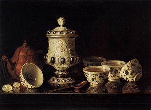  Oil Painting Replica Still-life With Chinese Teabowls by Pieter Gerritsz Van Roestraeten (1630-1700, Netherlands) | WahooArt.com