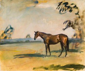 Alfred James Munnings - A Dark Bay Horse In A Landscape