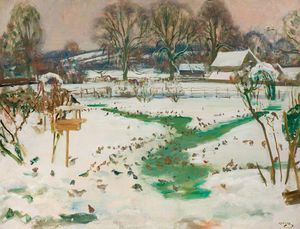 Alfred James Munnings - A Winter Scene At Castle House With Birds Feeding