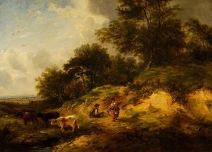 George Turner - Landscape, Peasants And Cattle
