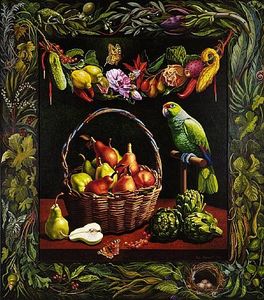 Ian John Hornak - Summer Still Life With Basket Of Pears ^ Paco The Parrot
