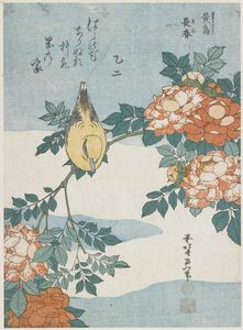 Katsushika Hokusai - Black-naped Oriole And China Rose