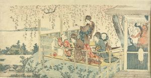 Katsushika Hokusai - Three Women And Two Children On Balcony