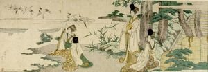 Katsushika Hokusai - Three Women Tagging Cranes With Poetry Slips