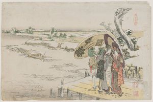 Katsushika Hokusai - Two Women And Servant On Wharf In Snow