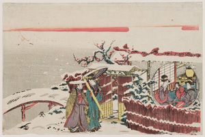 Katsushika Hokusai - Two Women Visiting Others At A Pavilion In Snow