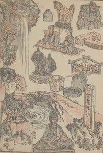 Katsushika Hokusai - Waterfall, Rapids And Stone Sculptures
