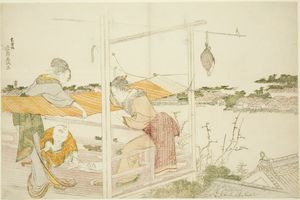 Katsushika Hokusai - Women On A Veranda Stretching Cloth To Dry