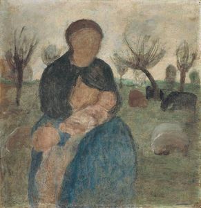 Paula Modersohn Becker - Mother With Baby At Her Breast And Child In Landscape